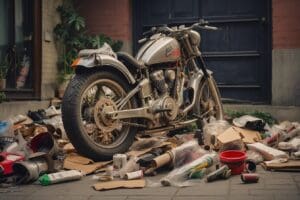 A vintage motorcycle is parked in an alley filled with scattered tools, boxes, and various items, all hinting at a commitment to precycling by repurposing old treasures.