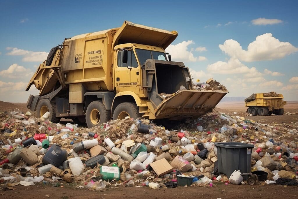 Two garbage trucks at a landfill manage waste disposal, surrounded by piles of trash, including plastic bottles and bags, under a partly cloudy sky.