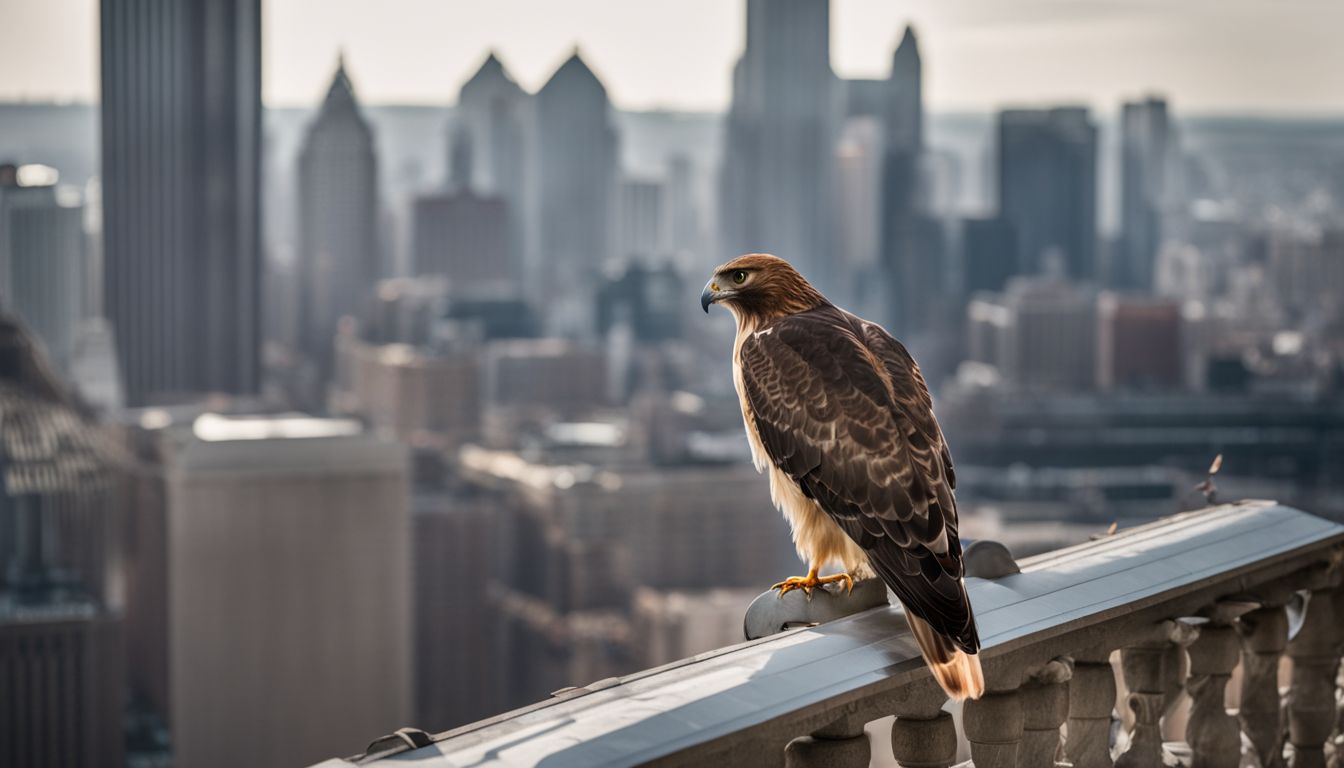 A Red-tailed Hawk perched on a city skyscraper, observing urban pigeons.