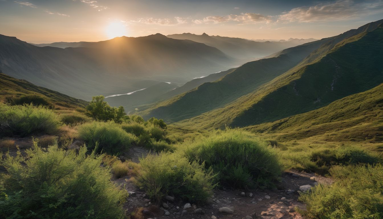 As the sun sets over the lush, green valley with distant mountains and a river, it casts a warm glow, symbolizing hope in the efforts of restoring lands after natural disasters.