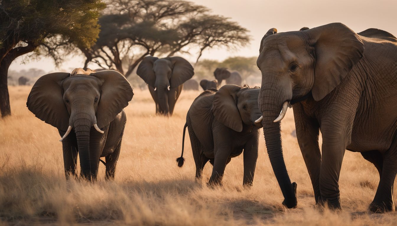 An elephant family grazing in the savannah captured in high definition.