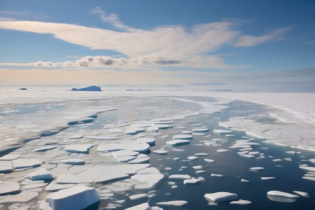 A vast icy landscape with sea ice formations floating under a blue sky adorned with clouds.