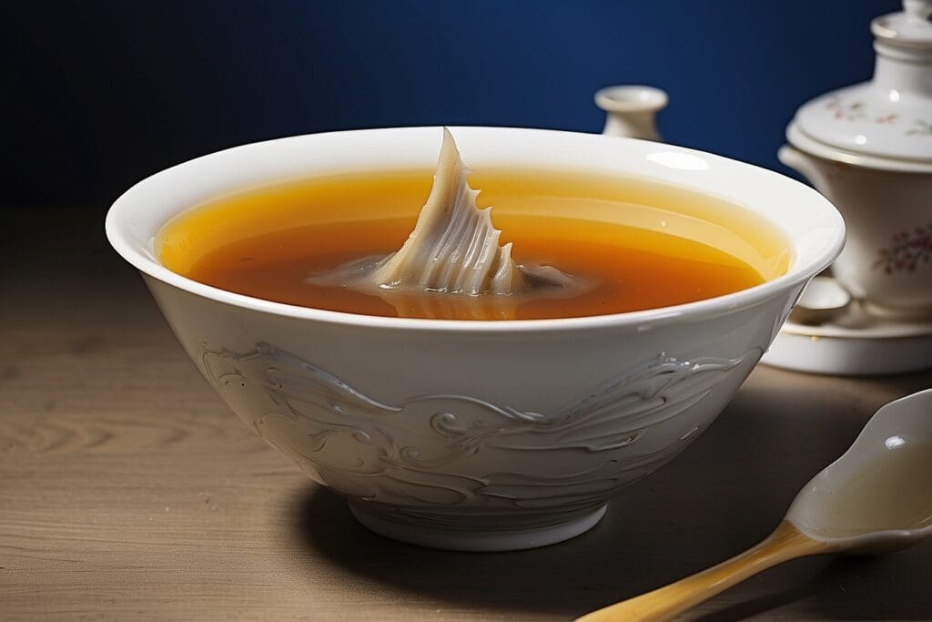 A white bowl cradles exquisite shark fin soup, the fin rising visibly in the rich amber broth. A spoon and teapot gracefully linger in the background on a rustic wooden surface.