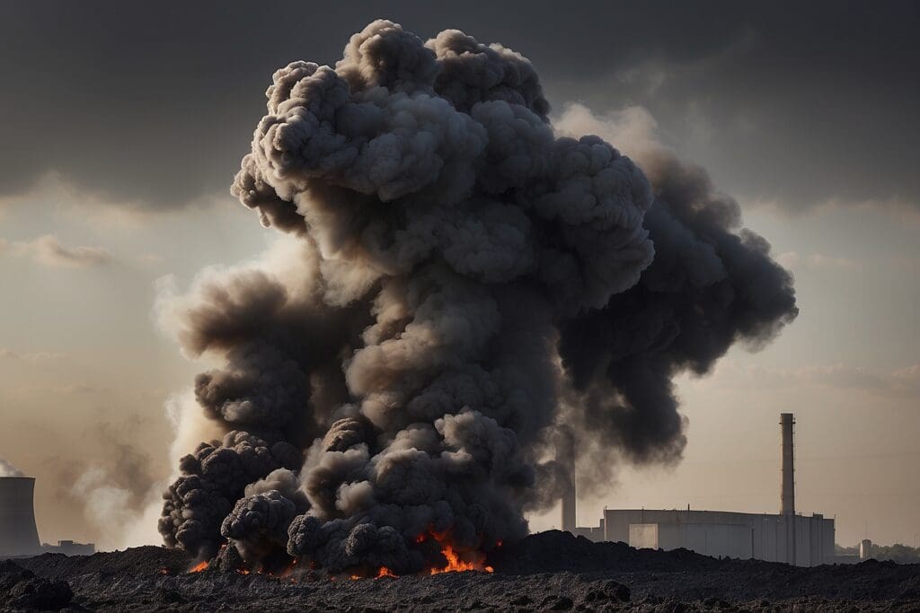 Thick black smoke and soot rise from a fire near an industrial building under a cloudy sky.