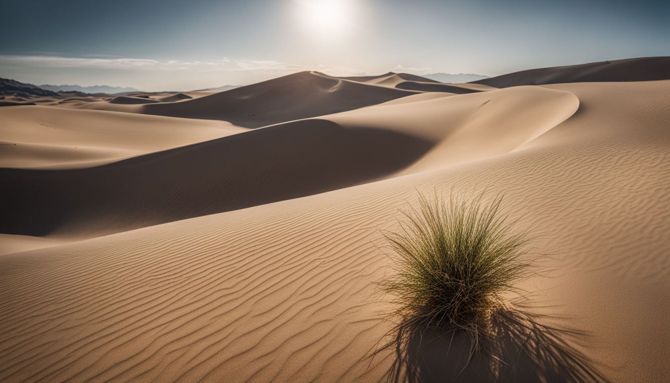 A photo of sand dunes with a solitary desert plant in focus.