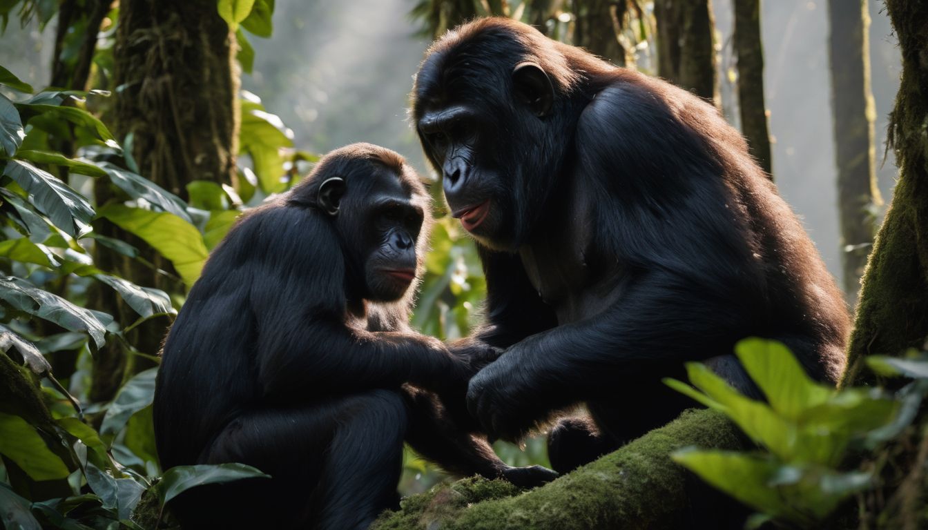 A family of apes grooming in a lush jungle.