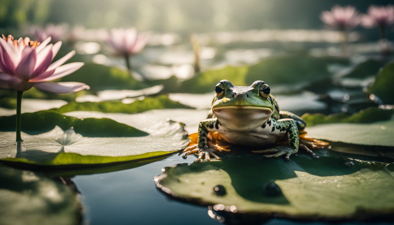 A frog sits on a lily pad in a polluted pond.