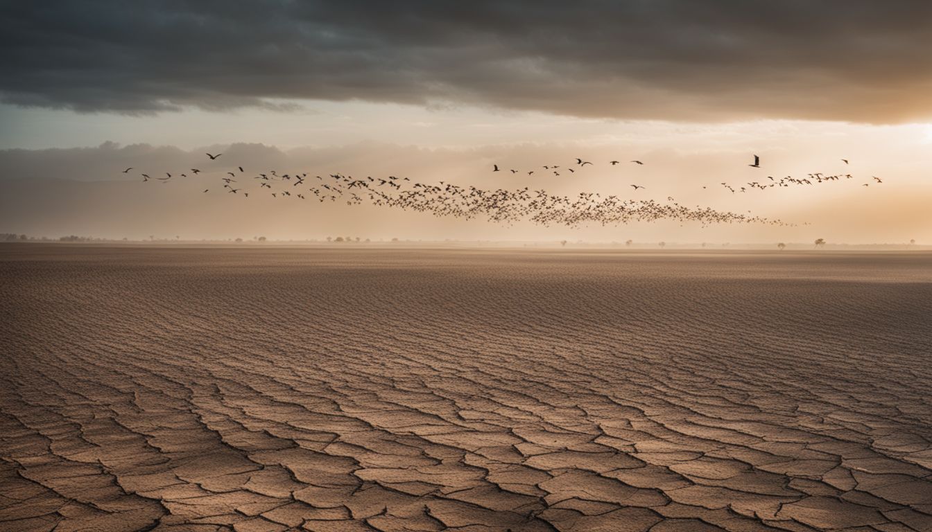 A photo of birds flying over dry cracked land.