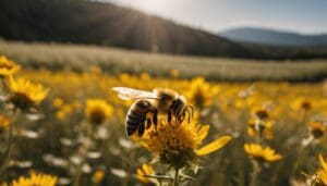 A bee collects nectar from a yellow flower in a sunlit field, its delicate dance reminding us of the impact of pesticides on the environment and health, with mountains standing stoic in the background.