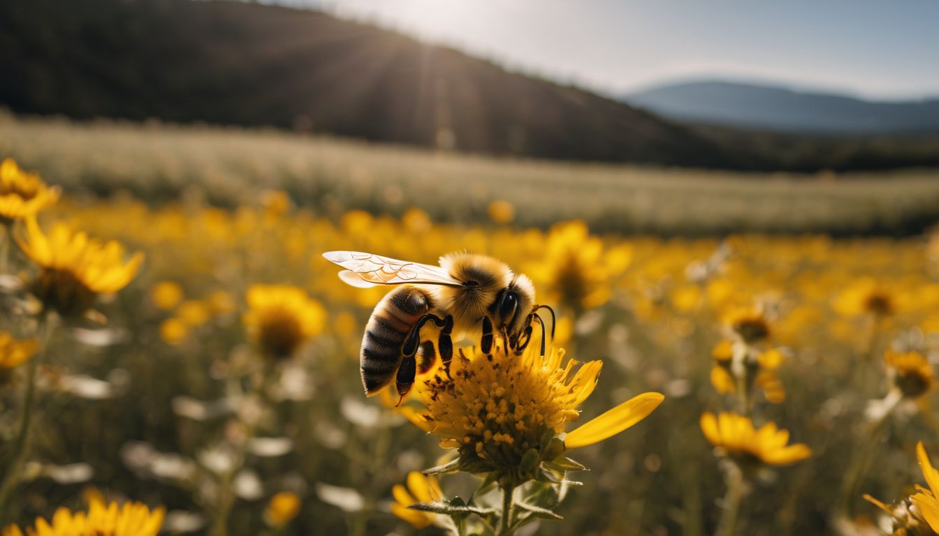 A bee covered in pollen on a vibrant wildflower field.