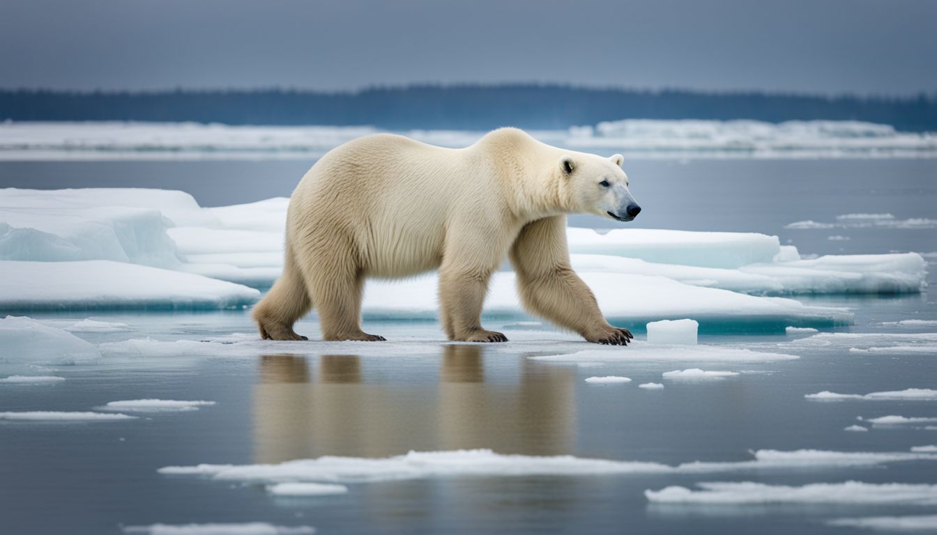 A polar bear stands alone on a melting ice floe in open water.