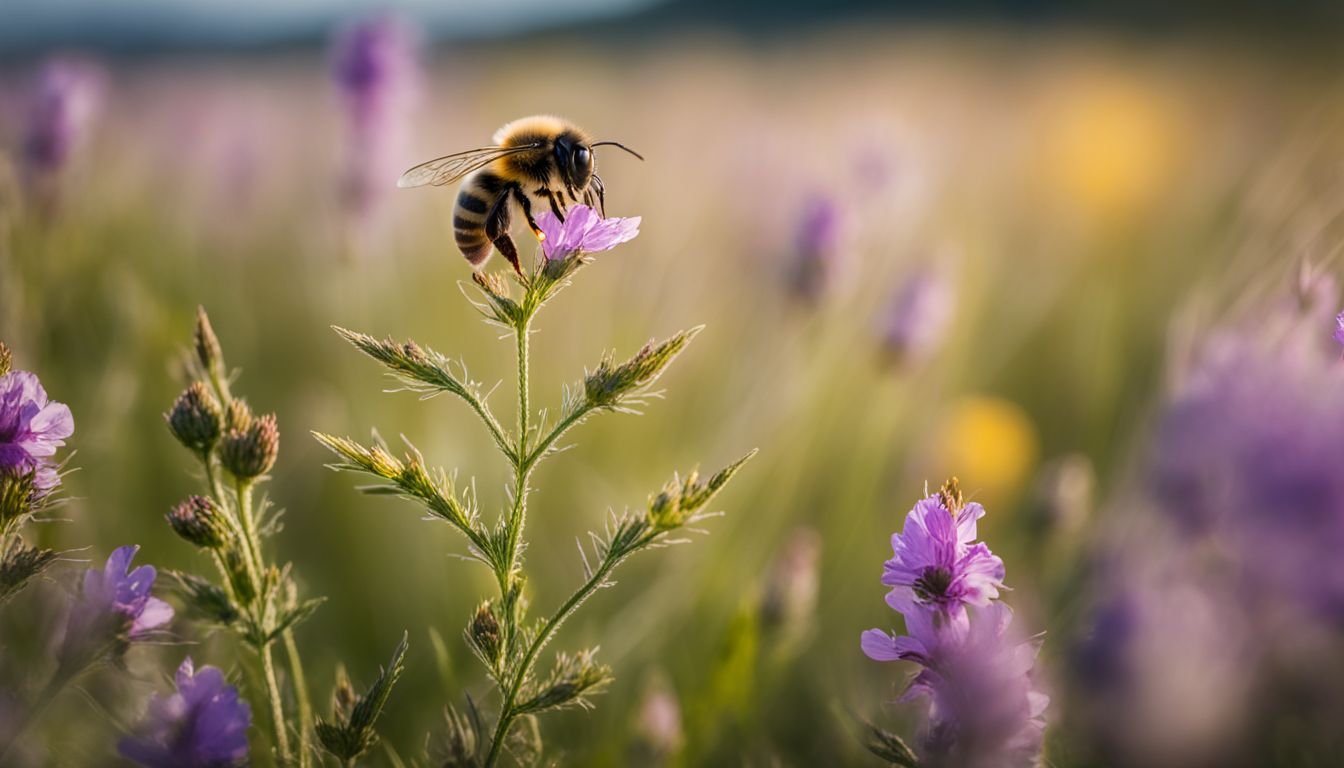 A bee pollinating vibrant wildflowers in a blooming meadow.