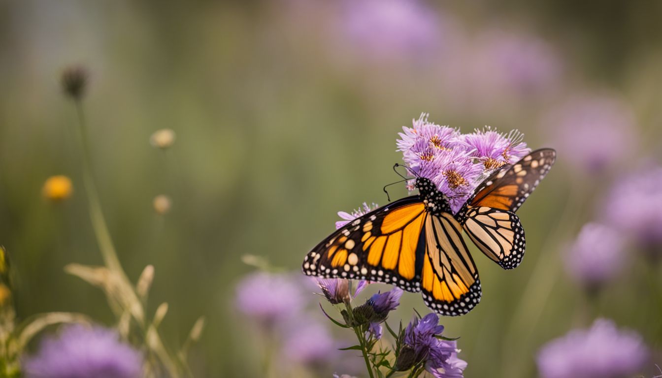 A cluster of migrating monarch butterflies resting on a vibrant field of wildflowers.