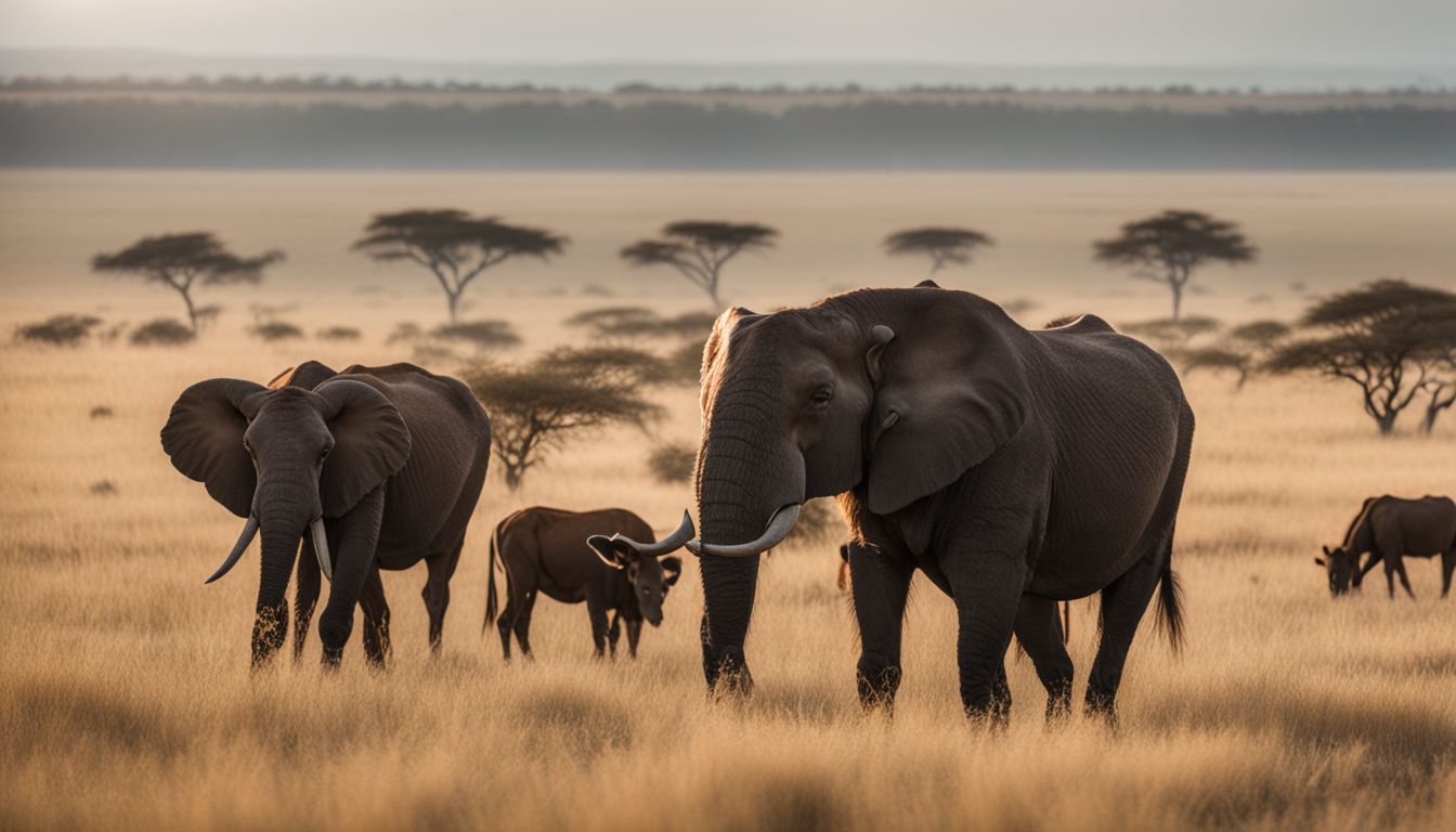 A group of grazing herbivores in a vast savanna landscape.