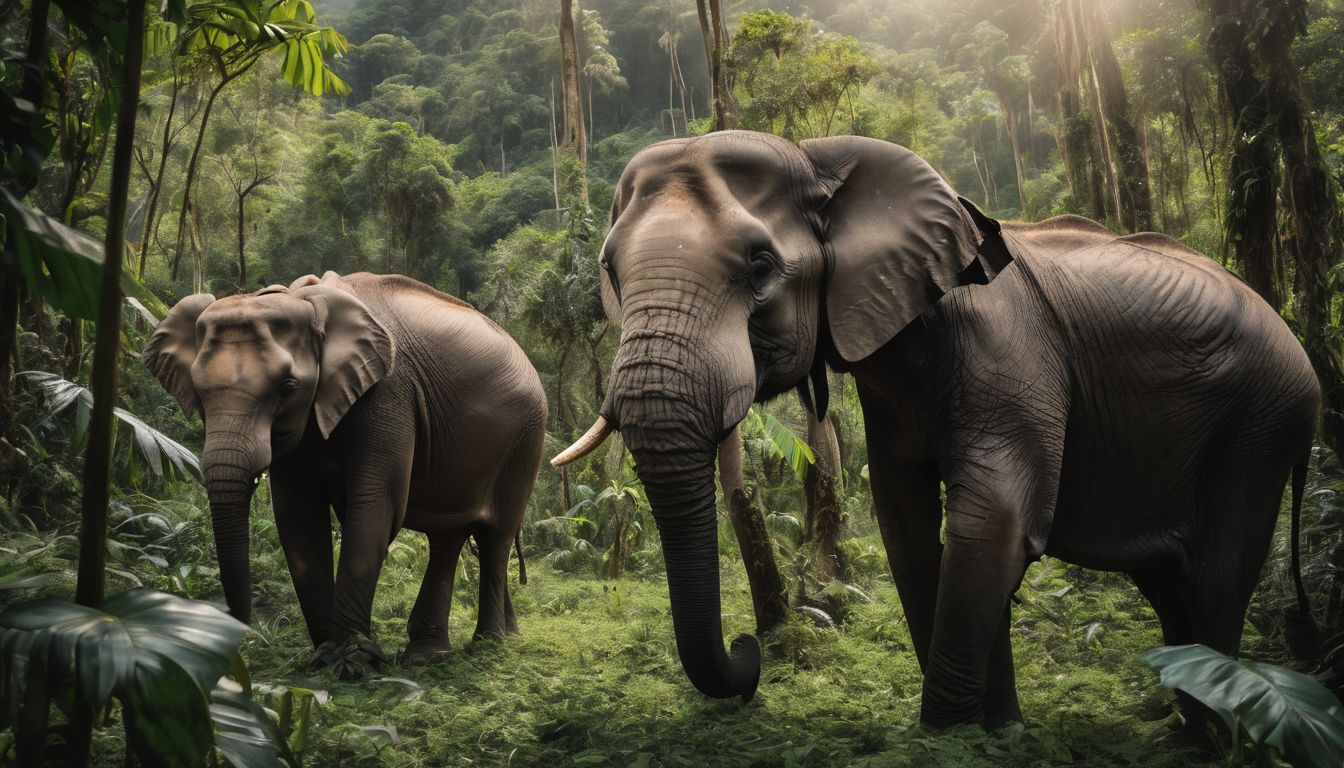 A group of elephants grazing in a lush rainforest. A group of elephants grazing in a lush rainforest.