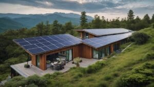 A modern house with a wooden exterior and solar panels on the roof showcases the role of solar energy in sustainable living, nestled amid lush greenery and mountains.