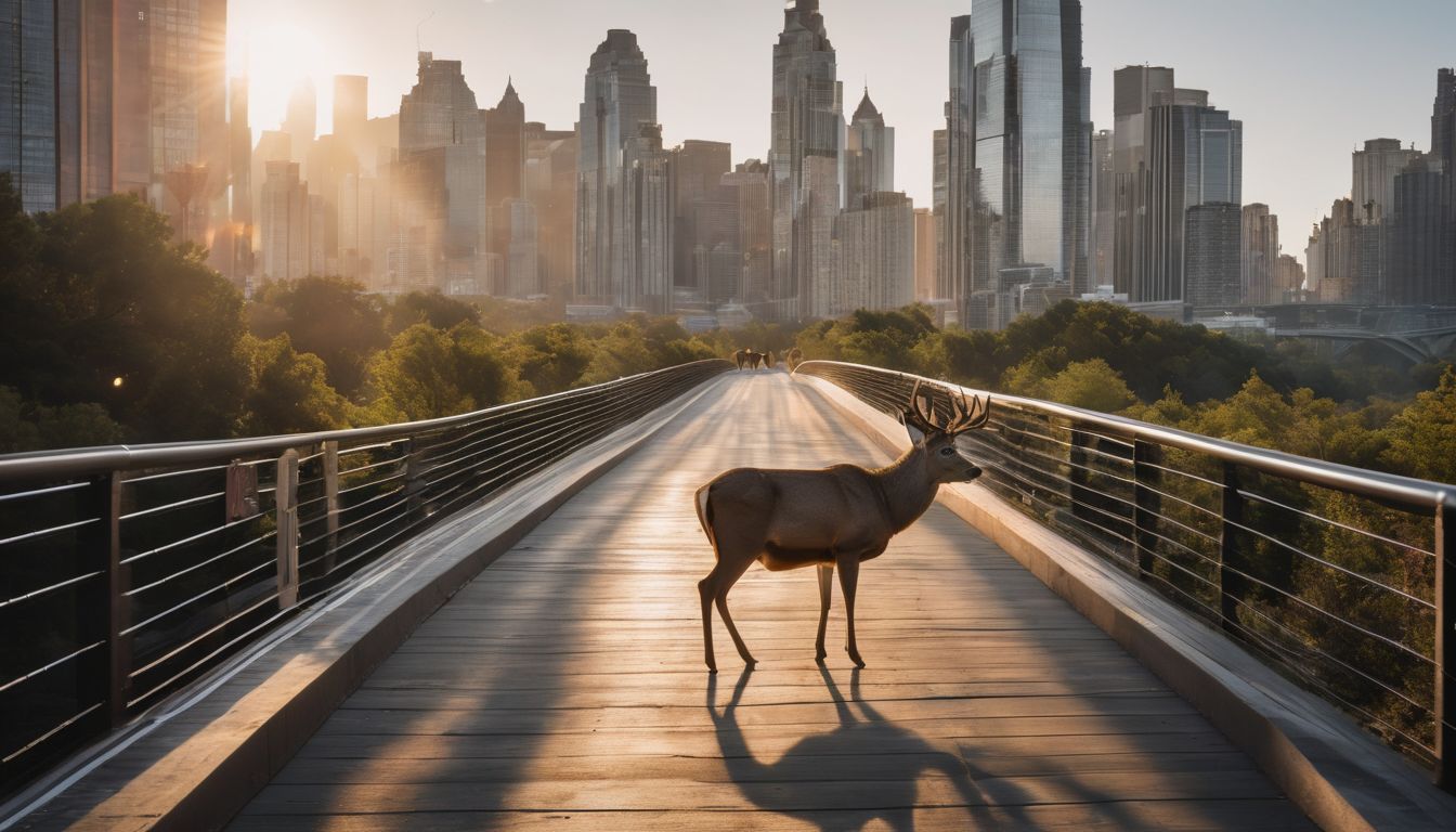 A family of deer crosses an eco-bridge in a city.