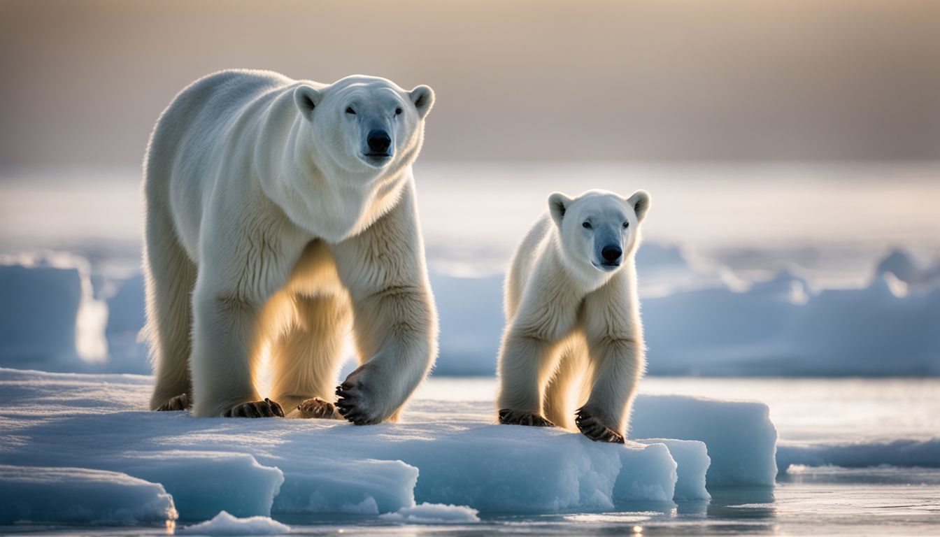 A polar bear mother and cub walking on melting Arctic ice floe.