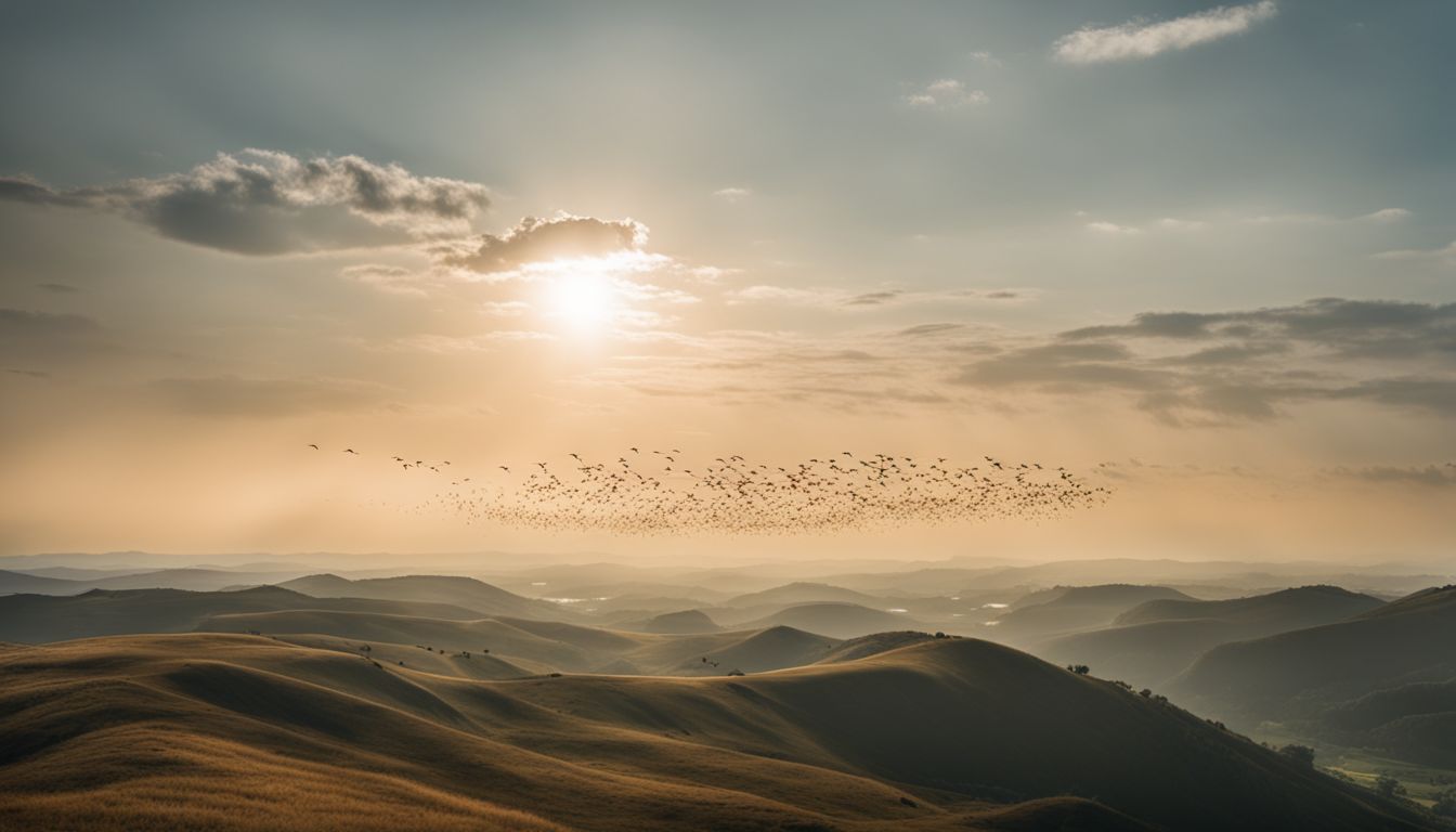 A diverse flock of birds flying over a varied landscape.