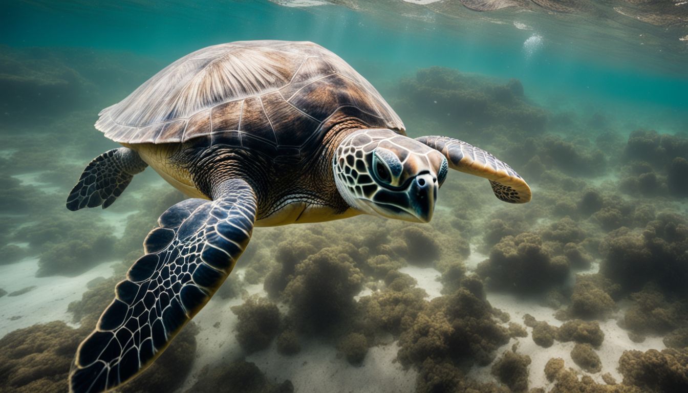 A sea turtle surrounded by plastic debris in the ocean.