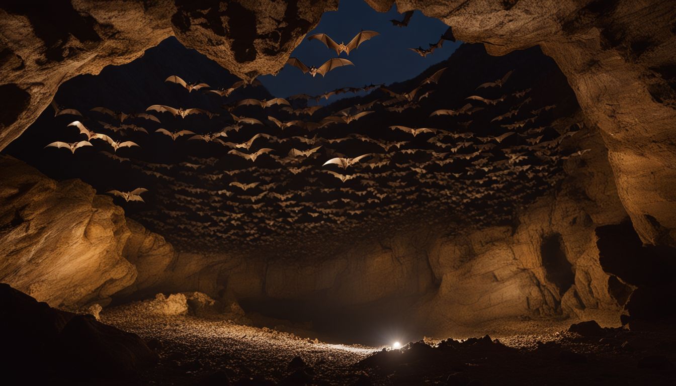 A colony of bats hanging upside-down in a dimly lit cave.