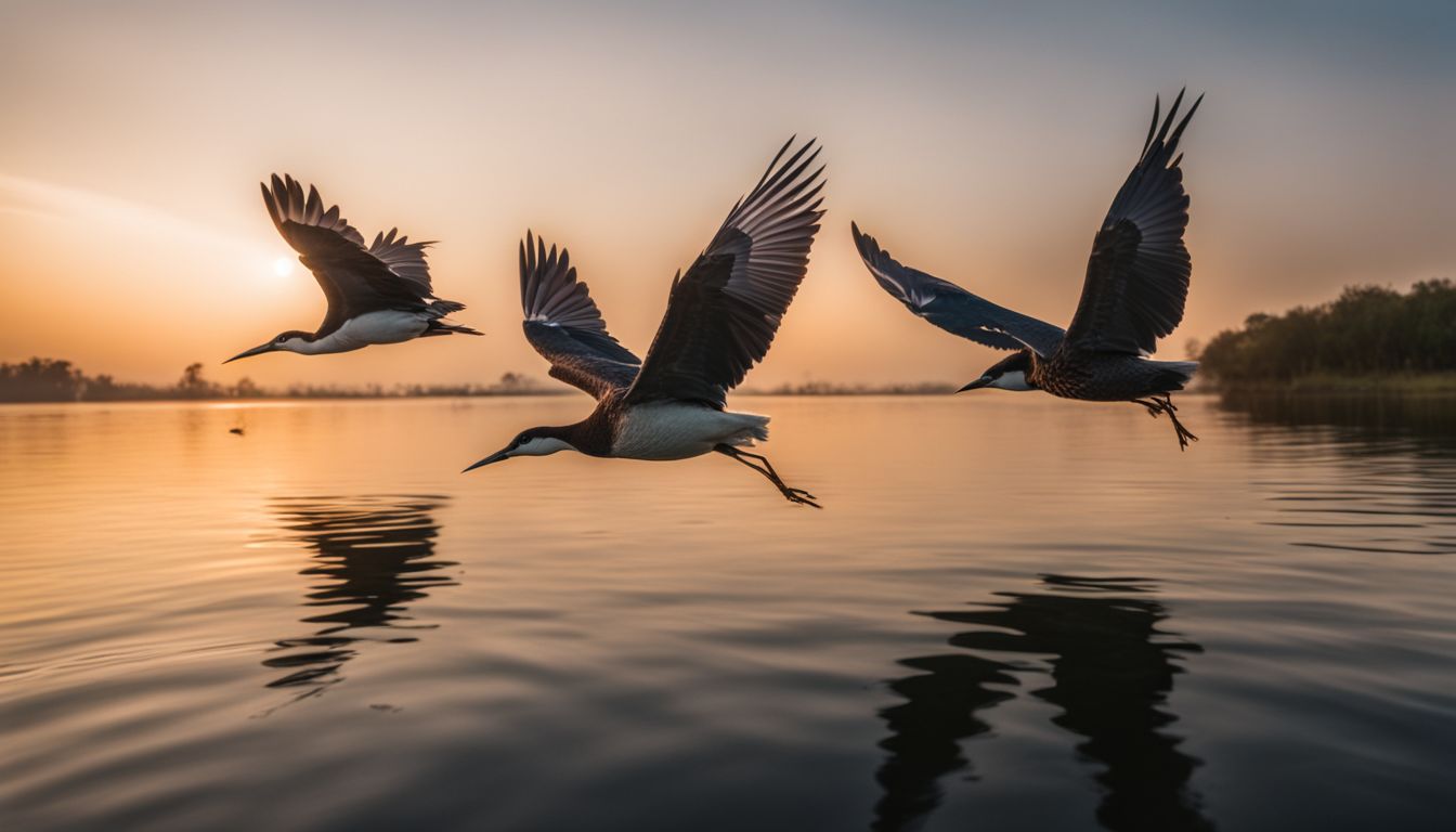 A flock of migratory birds flying over a serene lake at dusk.