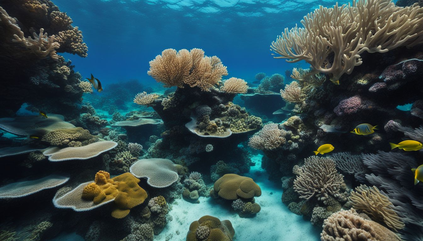 A vibrant coral reef teeming with marine life in clear waters.