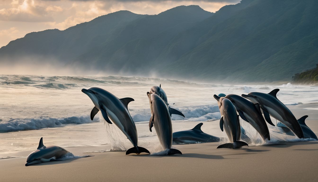 A group of stranded dolphins surrounded by concerned marine scientists.