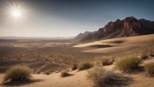 Sunlit desert landscape with sand dunes and rocky mountains under a clear blue sky illustrates the effects of global warming. Sparse vegetation in the foreground highlights the importance of understanding global warming: the basics, as rising temperatures transform these terrains.