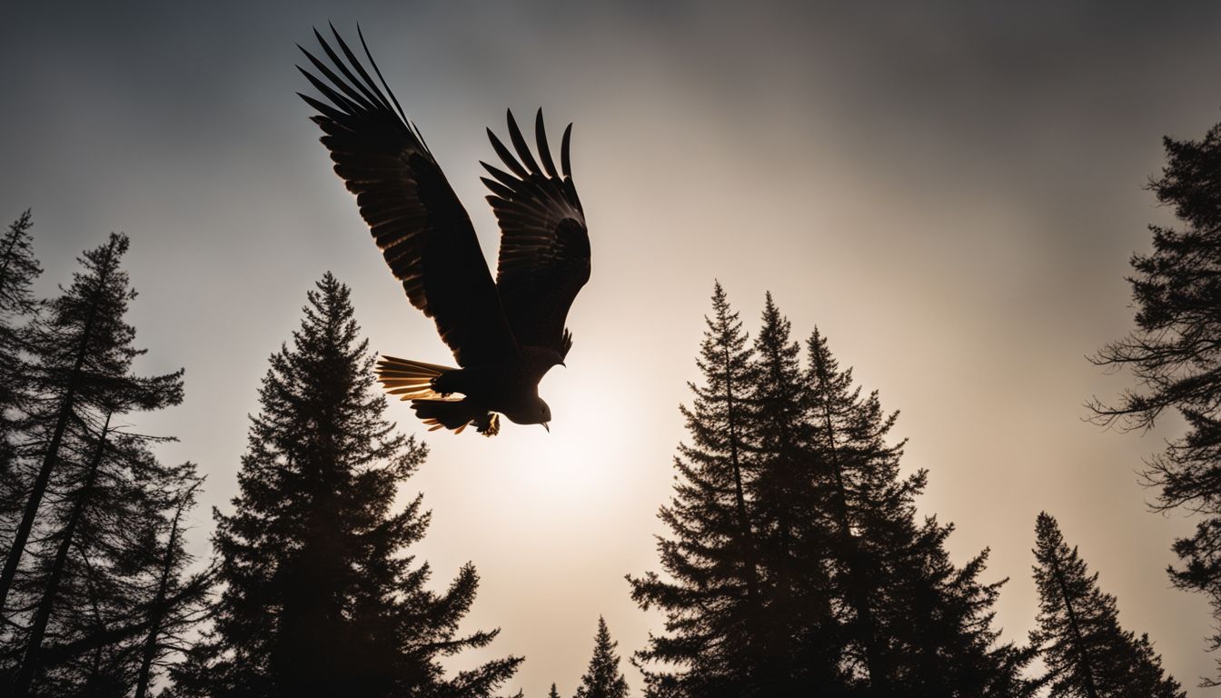 A hawk soaring over a dense forest in a wildlife photograph.