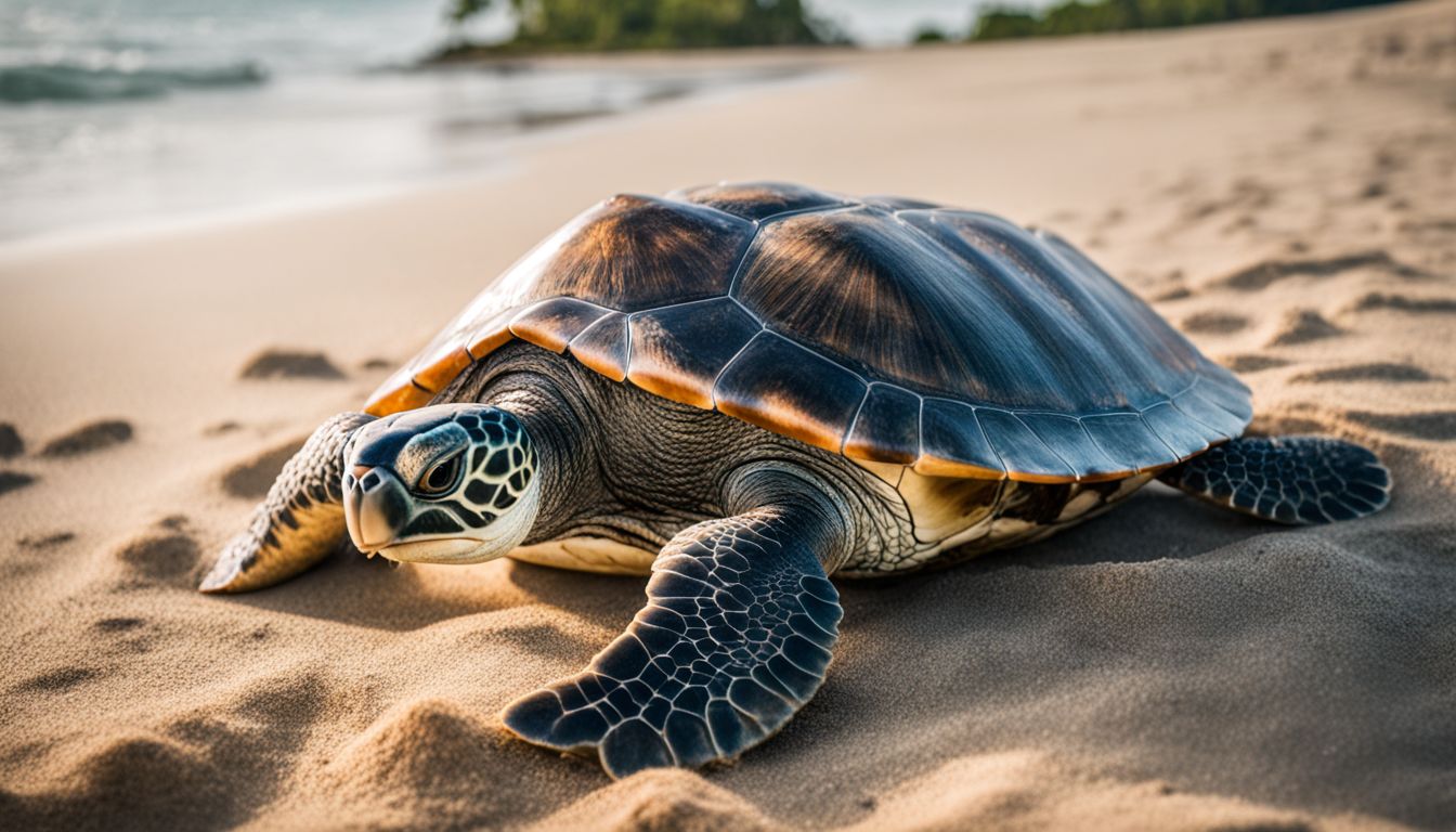 A sea turtle nesting on a secluded beach surrounded by coral reefs. A sea turtle nesting on a secluded beach surrounded by coral reefs.