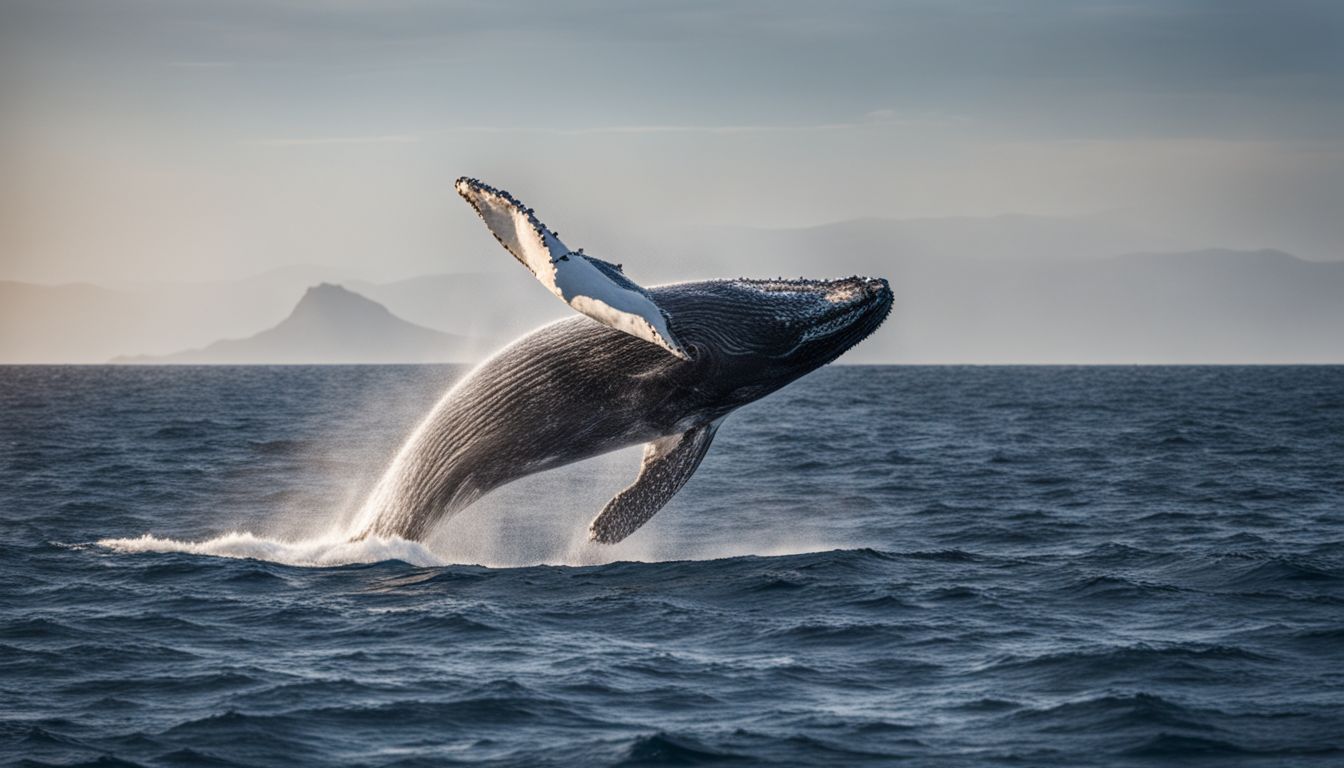 A humpback whale breaching in the open ocean captured in stunning detail.