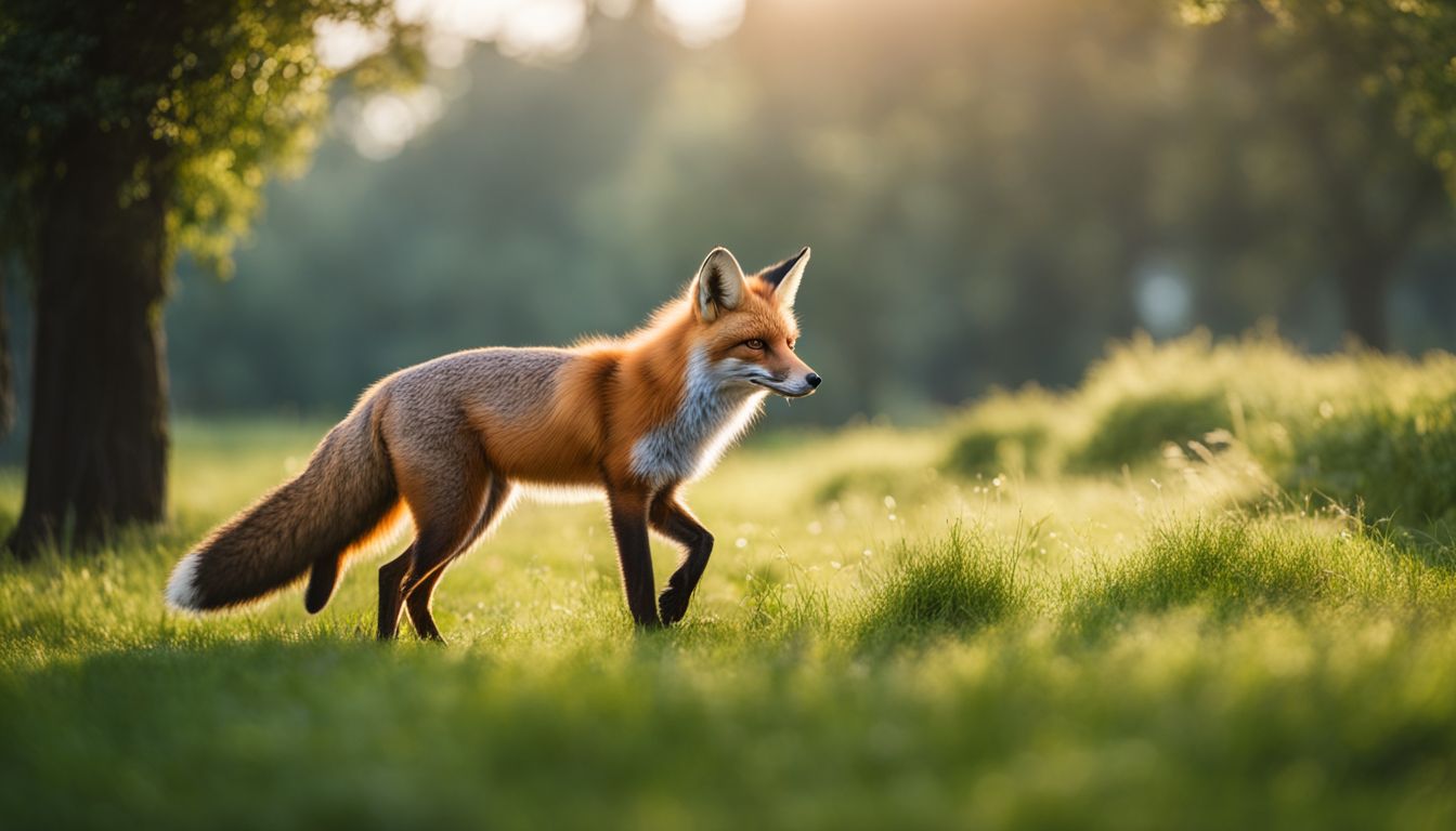 A fox running through a vibrant city park in stunning detail.