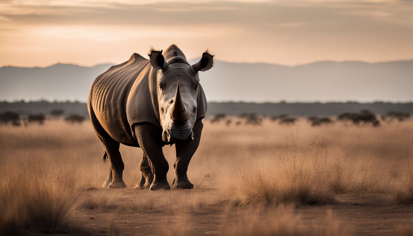 A single rhinoceros in a vast, dry savannah setting.