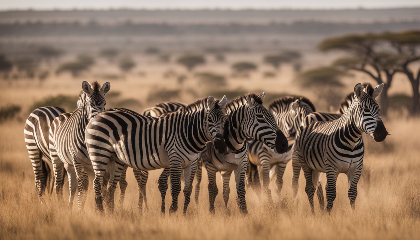 A herd of zebras grazing in the vast savanna landscape.